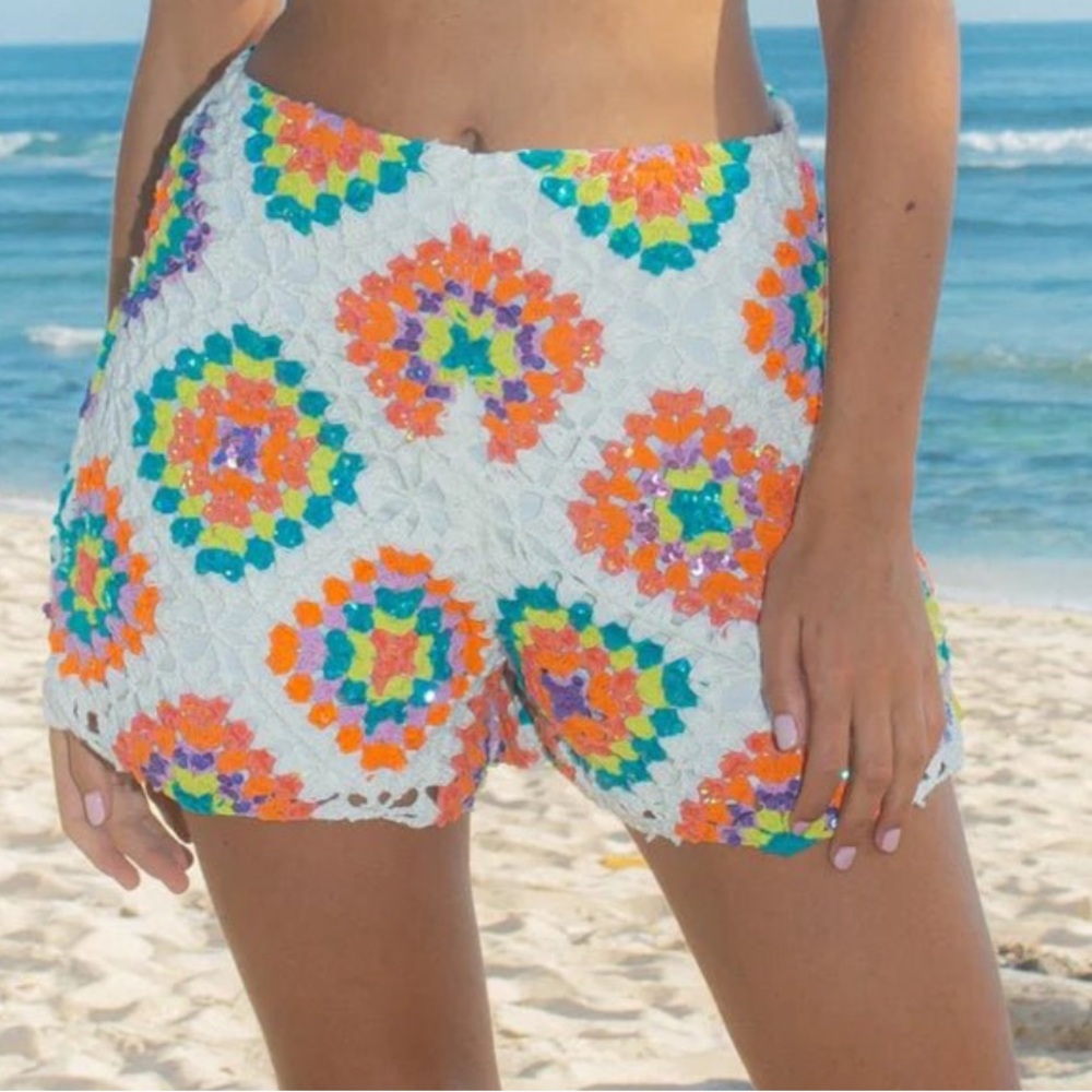 Oceanus Katerina Multi Color Crochet Shorts White Medium / 6